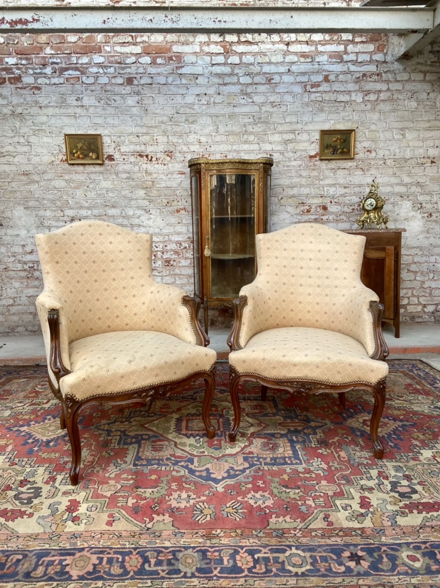 Pair of armchairs in natural wood style Louis XV XIXth