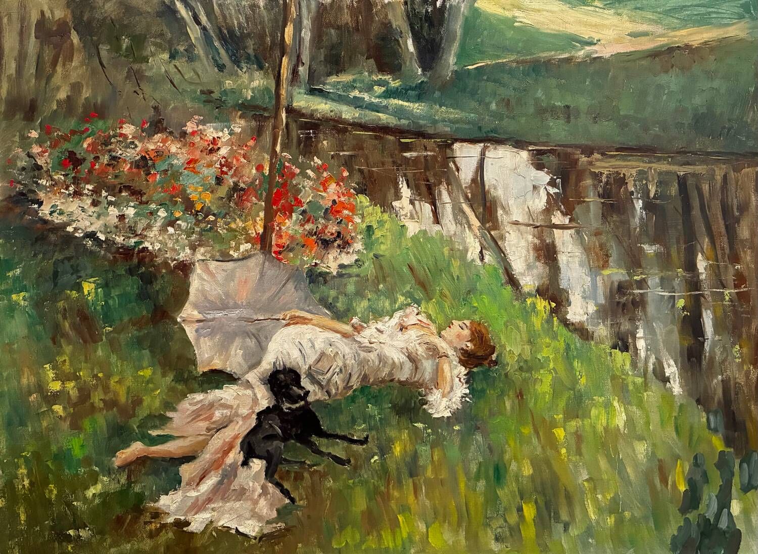 Painting of a sleeping woman with her dog, 20th century