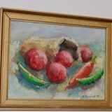 Huile sur panneau suédoise originale « Nature morte aux produits » par A. Kondrell
