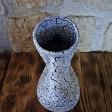 Vintage vase with double handles in blue ceramic and white crisp enamel