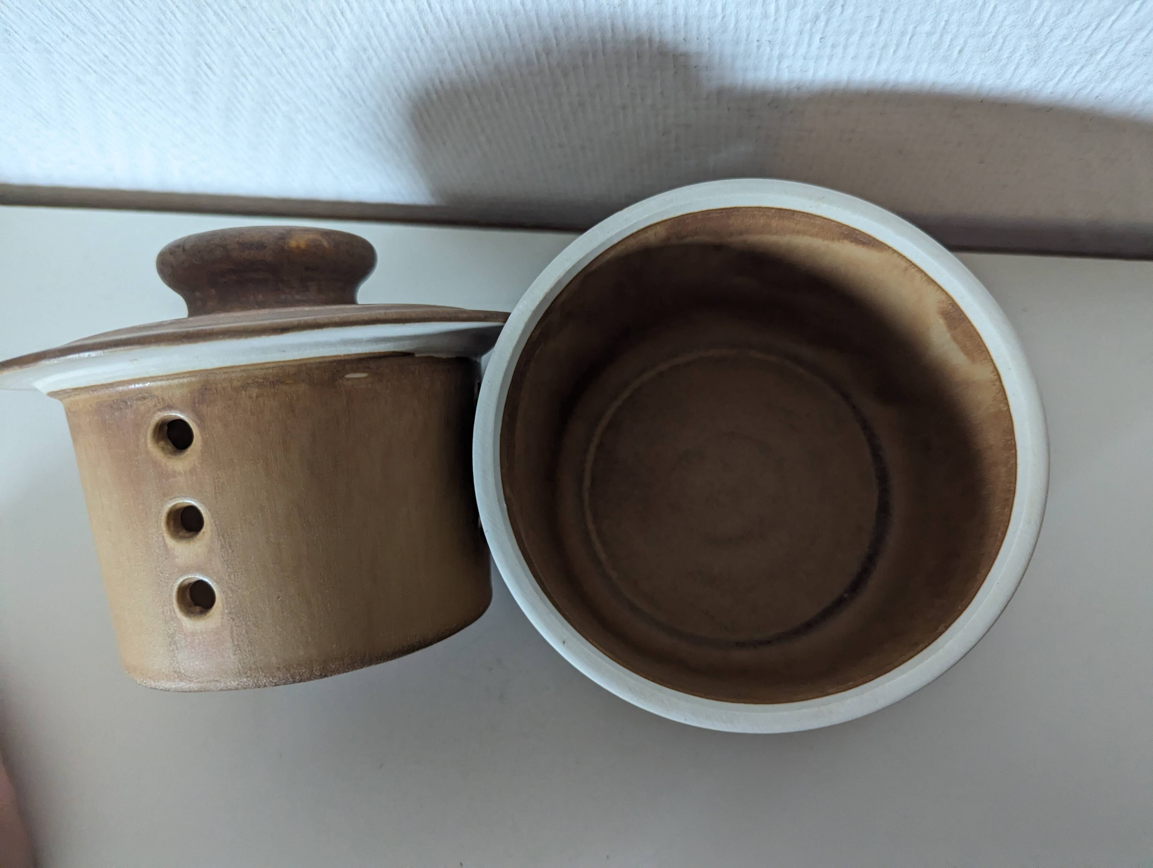 brown stoneware water butter dish