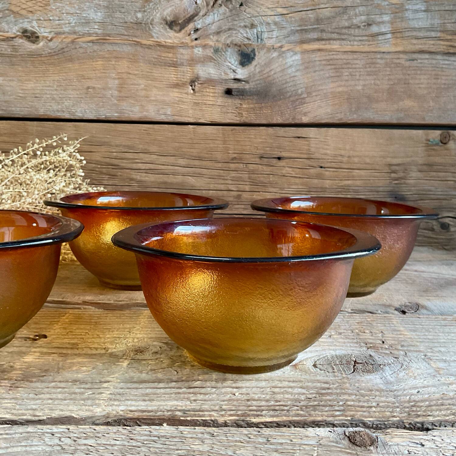 4 amber glass ear bowls