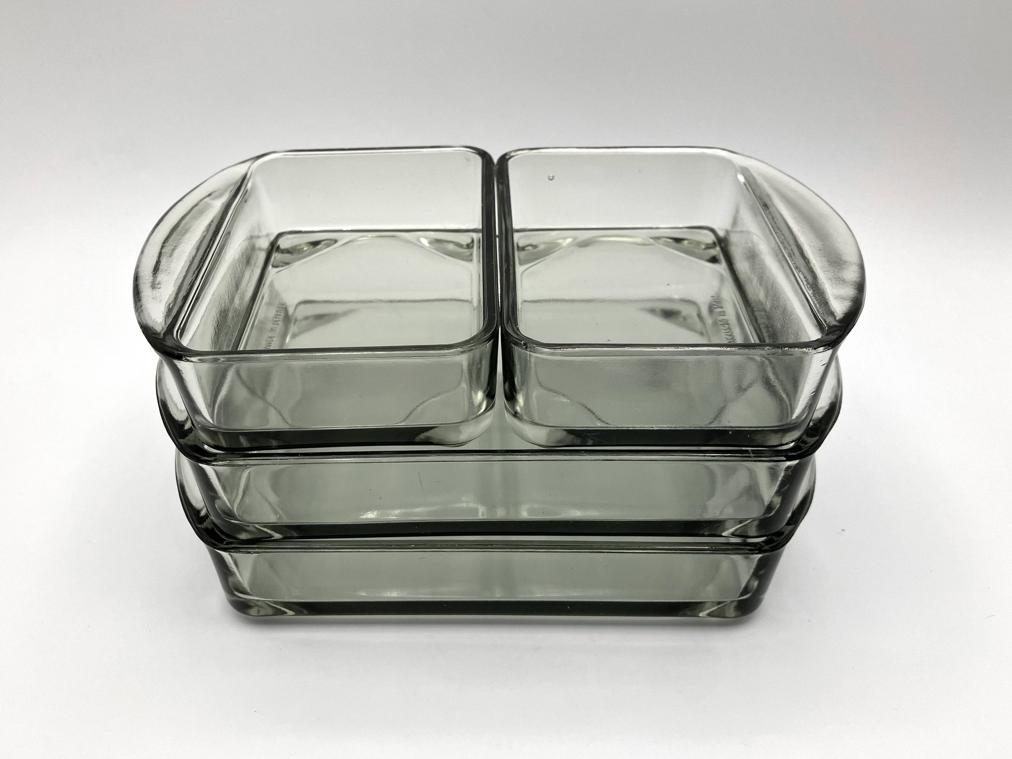 Teak tray and its 4 stackable glass dishes • Denmark • 1960