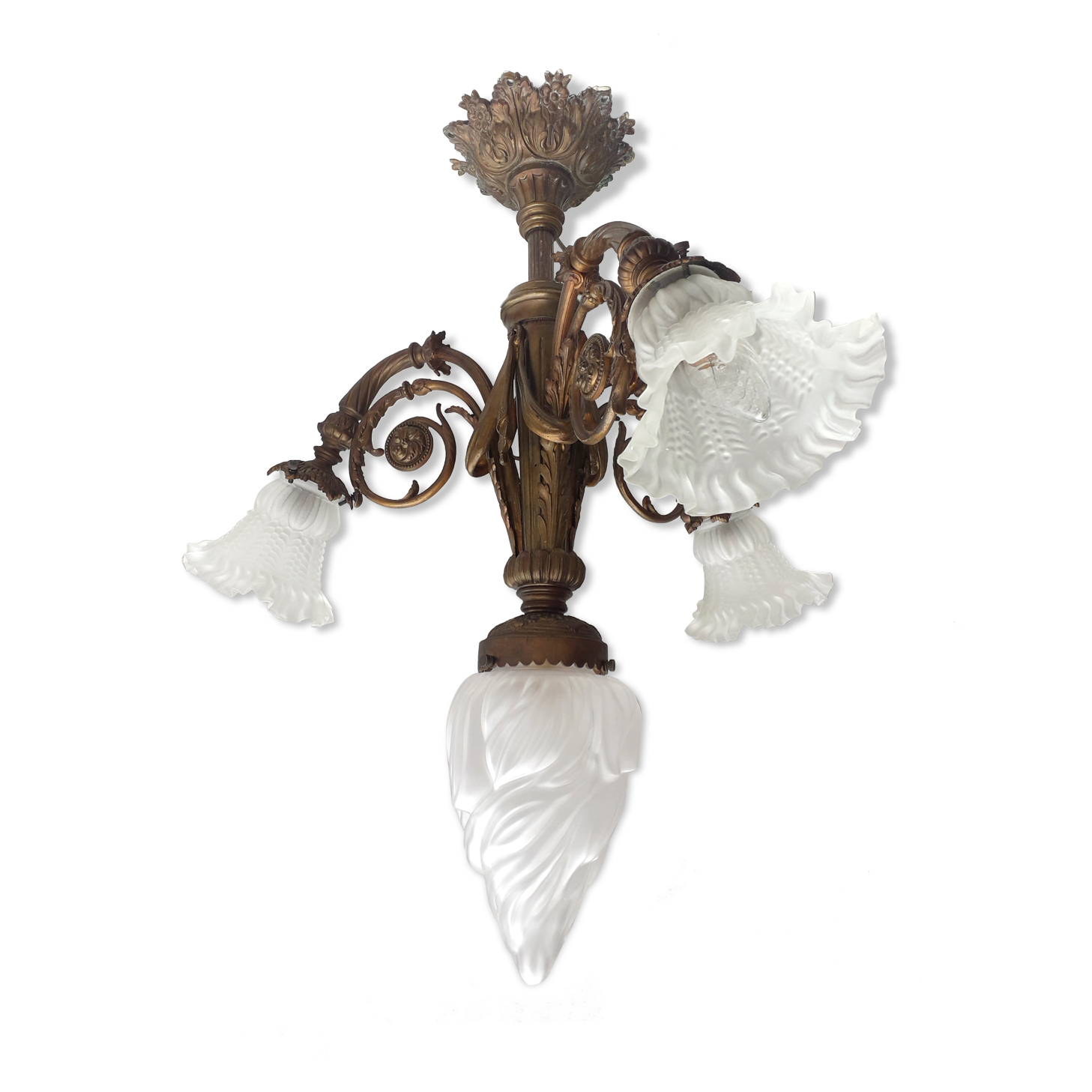 Art nouveau chandelier in bronze and pressed glass 1920
