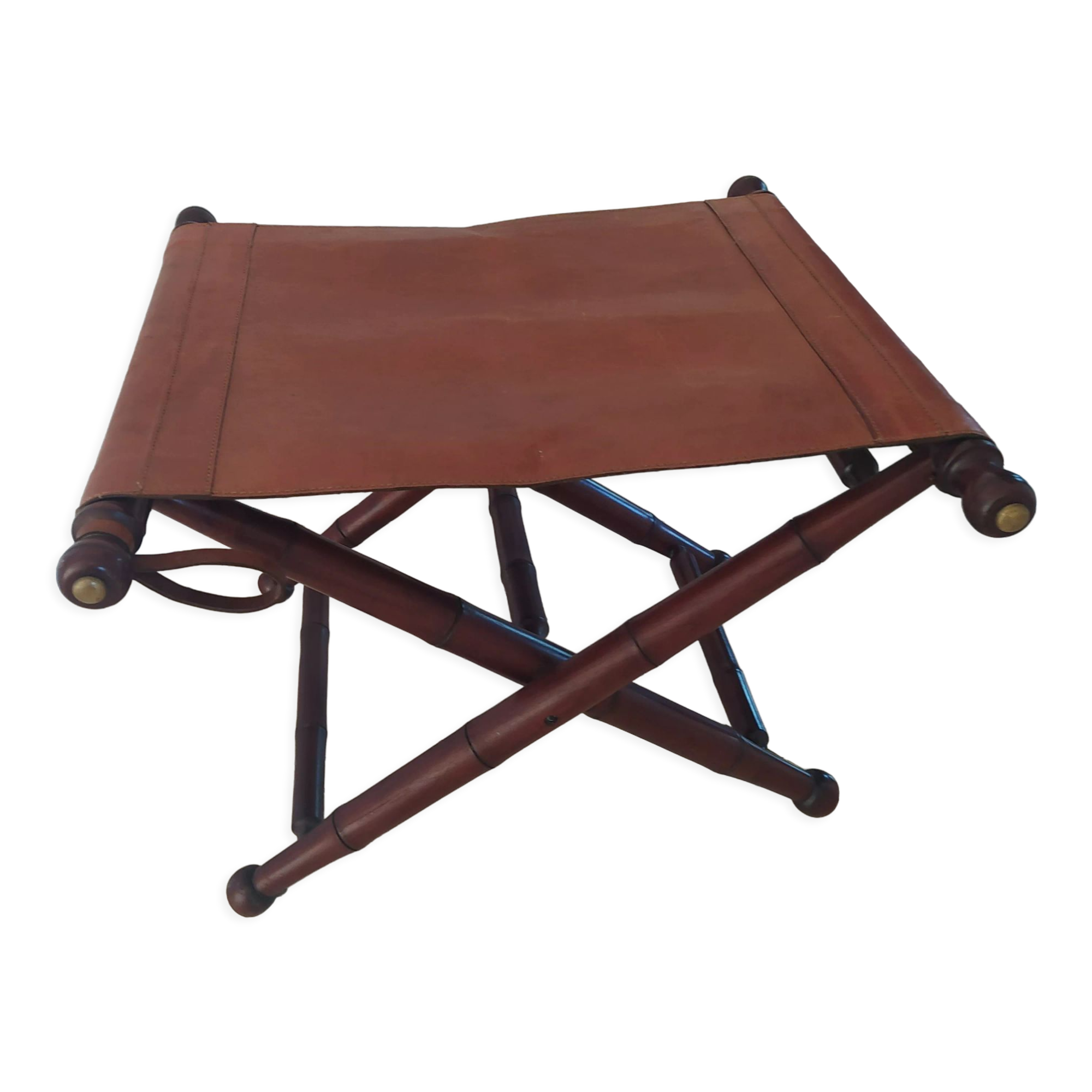 Vintage foldable leather and mahogany stool