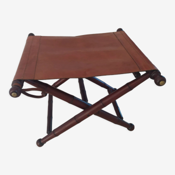 Vintage foldable leather and mahogany stool