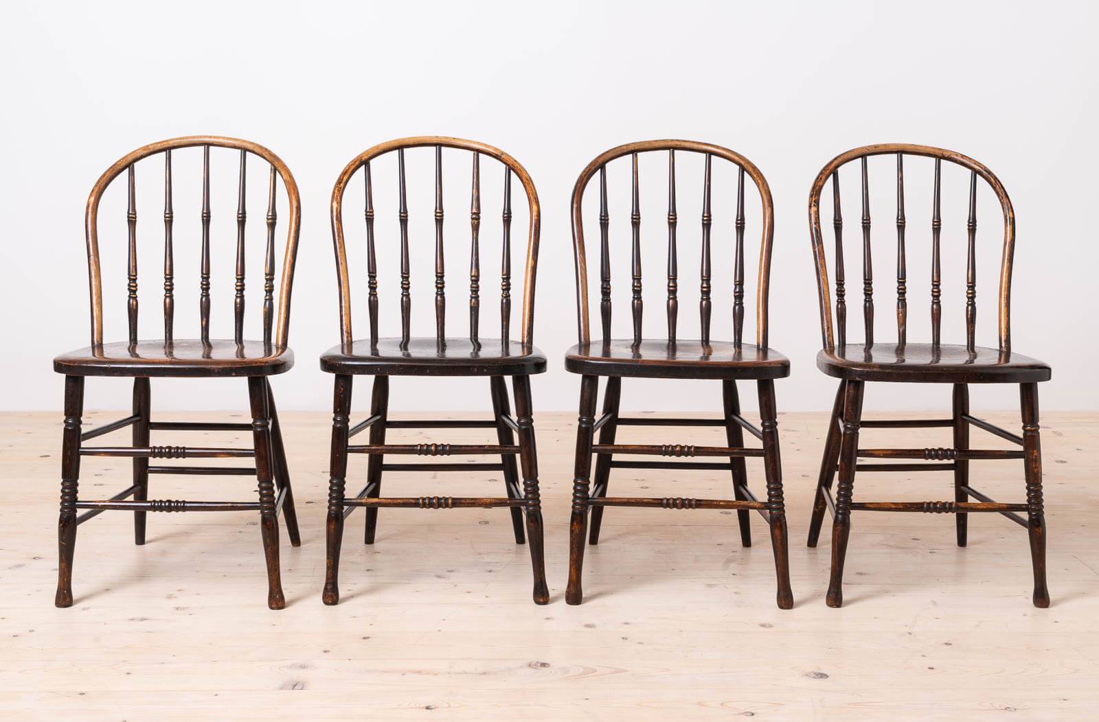 Set of 4 Countryside Style Dining Chairs, Spindle Back, Early 20th Century