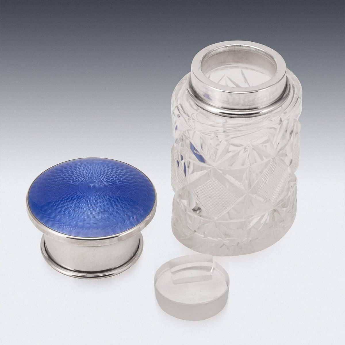 Bocal en cristal taillé, en argent massif anglais du 20e siècle, émaillé guilloché.
