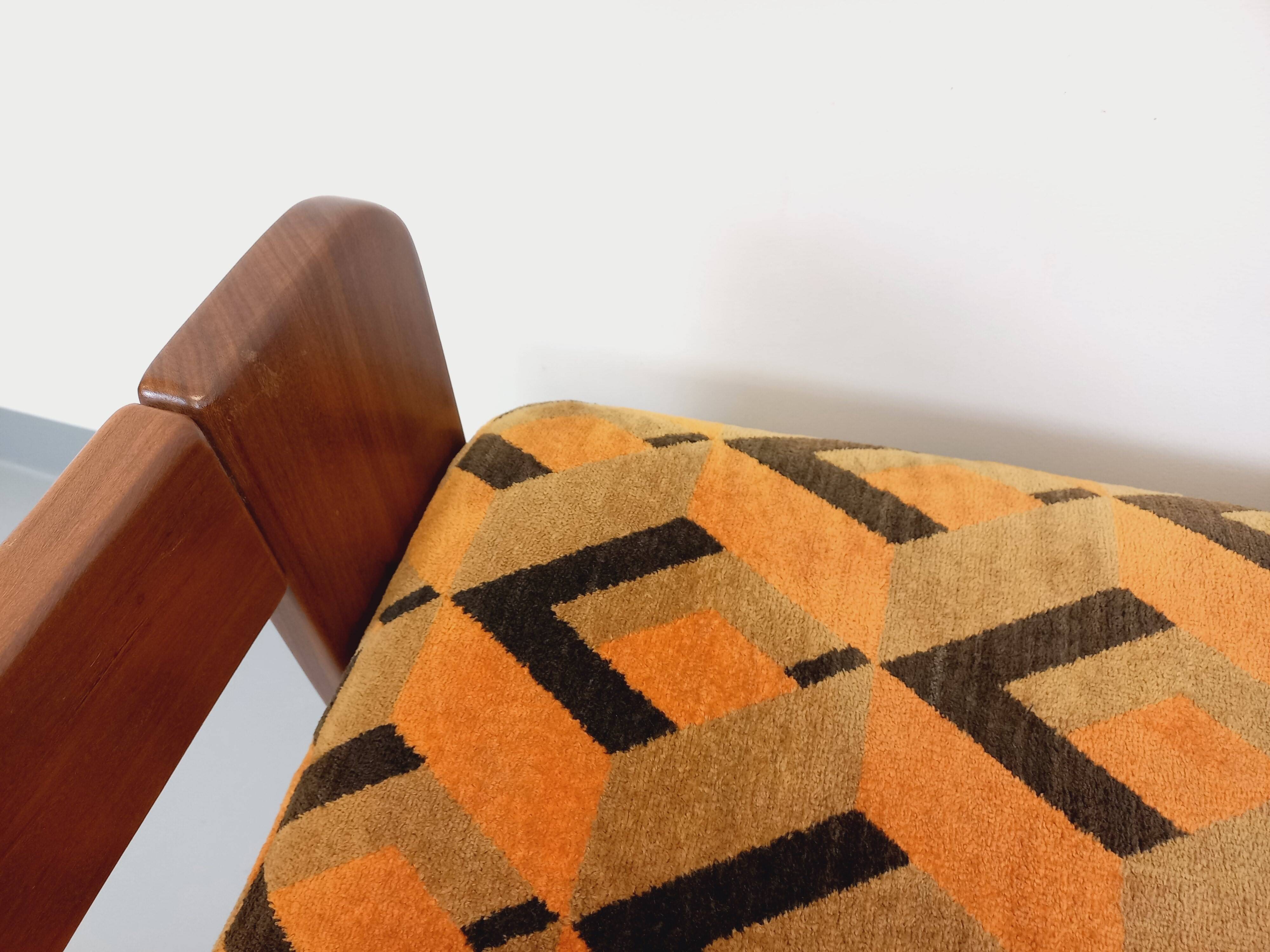 Pair of vintage walnut and velvet fabric sleigh armchairs from the 70s