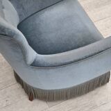 1970s, Danish armchair with footstool, blue furniture velour, oak wood legs