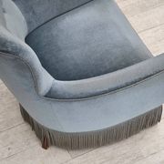 1970s, Danish armchair with footstool, blue furniture velour, oak wood legs