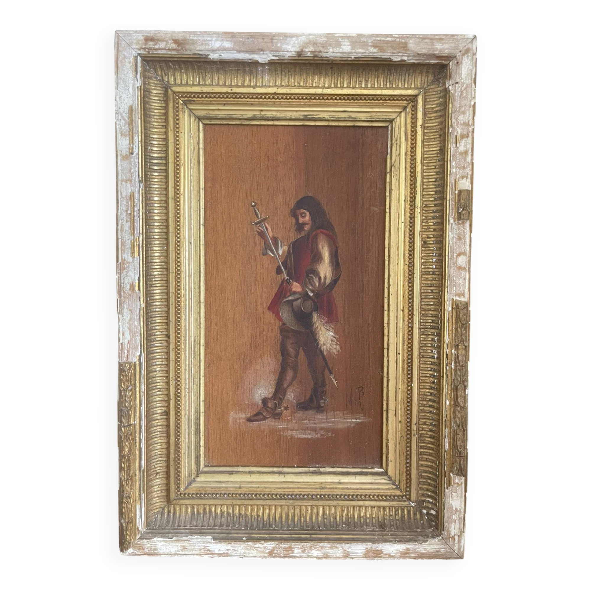 Antique Oil Wood Panel Framed Musketeer Signed 19th Century