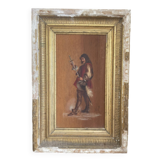 Antique Oil Wood Panel Framed Musketeer Signed 19th Century