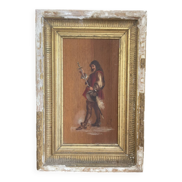 Antique Oil Wood Panel Framed Musketeer Signed 19th Century