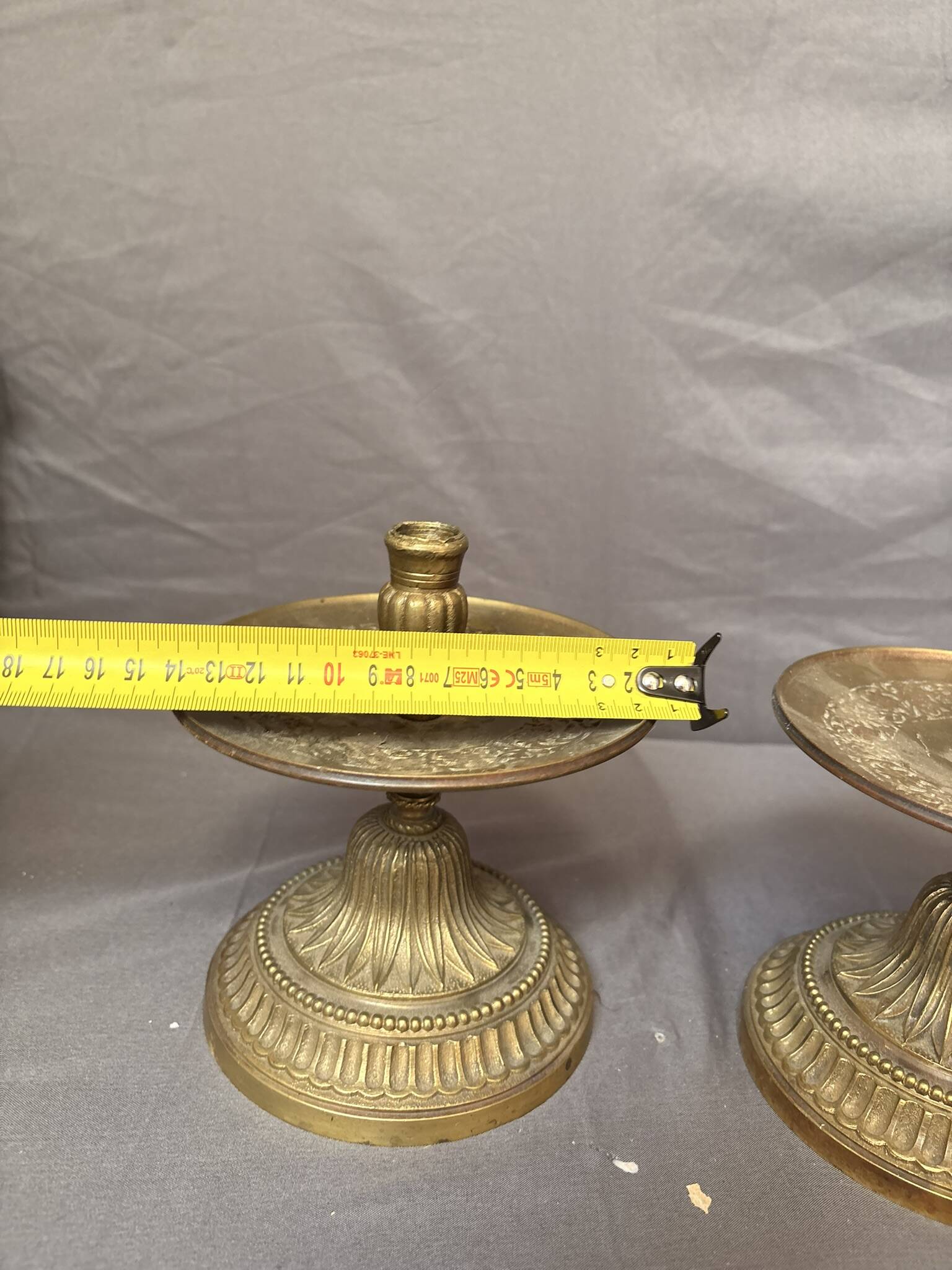 Antique Pair of Candle Holders with Saucer Empire Gilded Brass Neoclassical