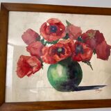 Tableau ancien, nature morte aux coquelicots, années 60