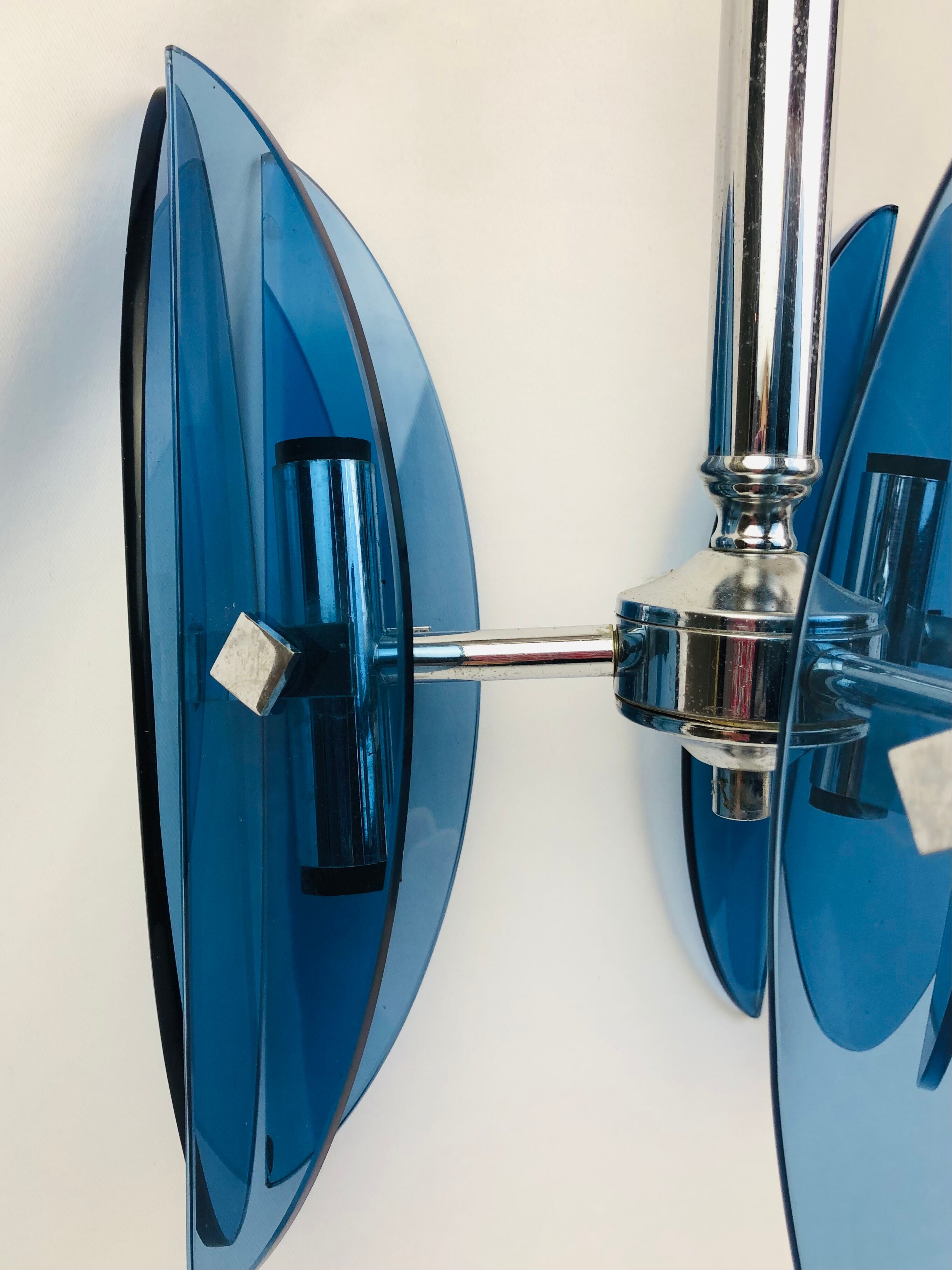 Vintage Veca Fontana Arte chandelier, blue glass and chrome