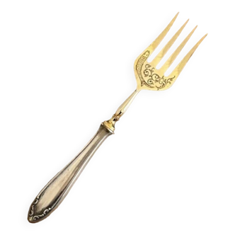 Engraved meat fork in silver and gold metal