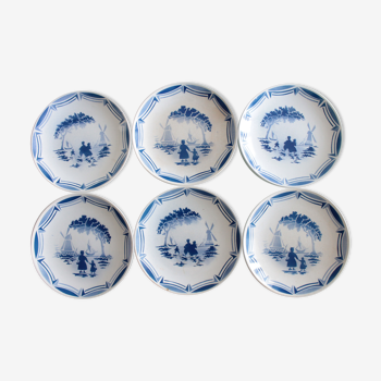 6 plates with old French dessert, 1930, Moulin des Loups Orchies, Motifs au pochoir,