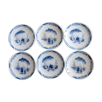 6 assiettes à dessert anciennes françaises, 1930, Moulin des Loups Orchies, Motifs au pochoir,