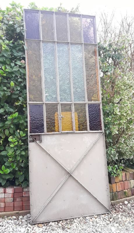Workshop door 258.4x98.5cm in iron and colored cathedral glass