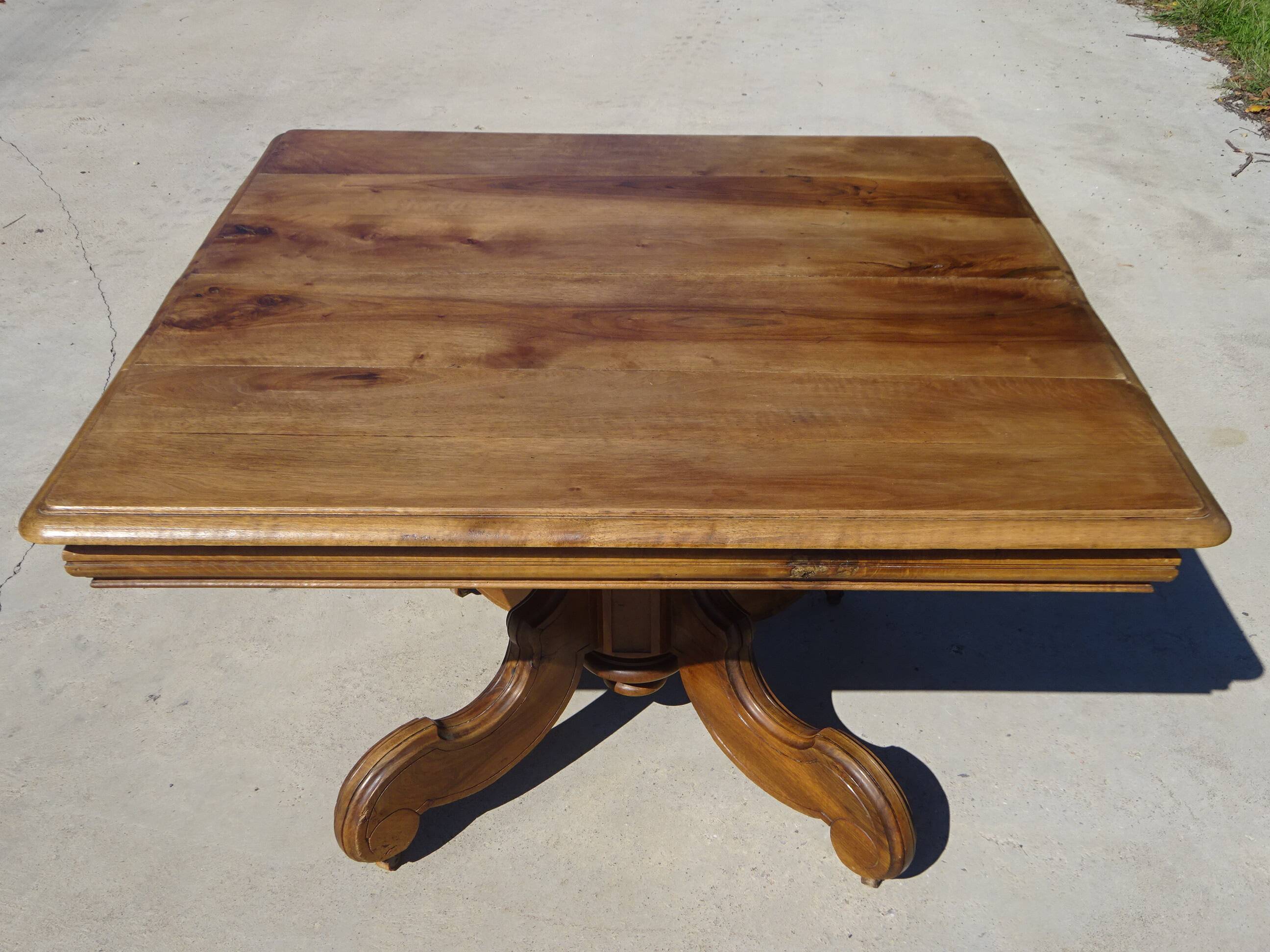 Square dining table, central leg, seats 8