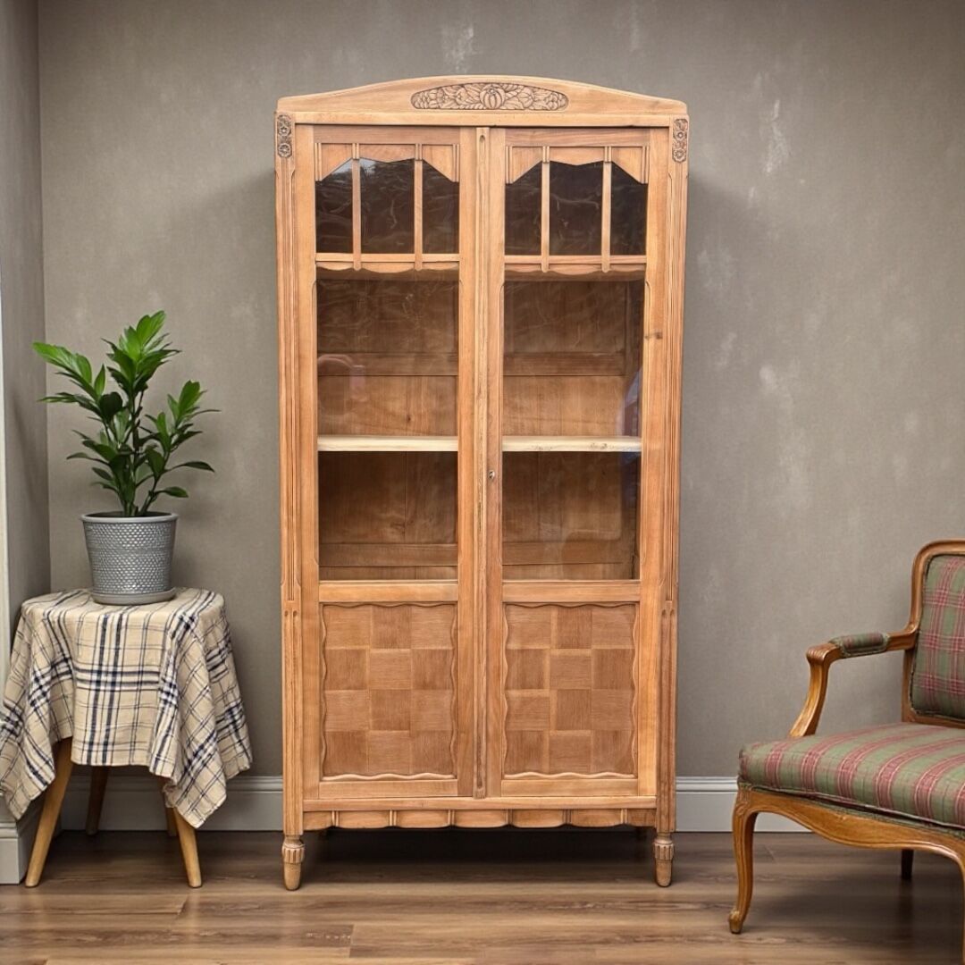 Parisian glass-fronted Art Deco wardrobe in solid raw walnut.
