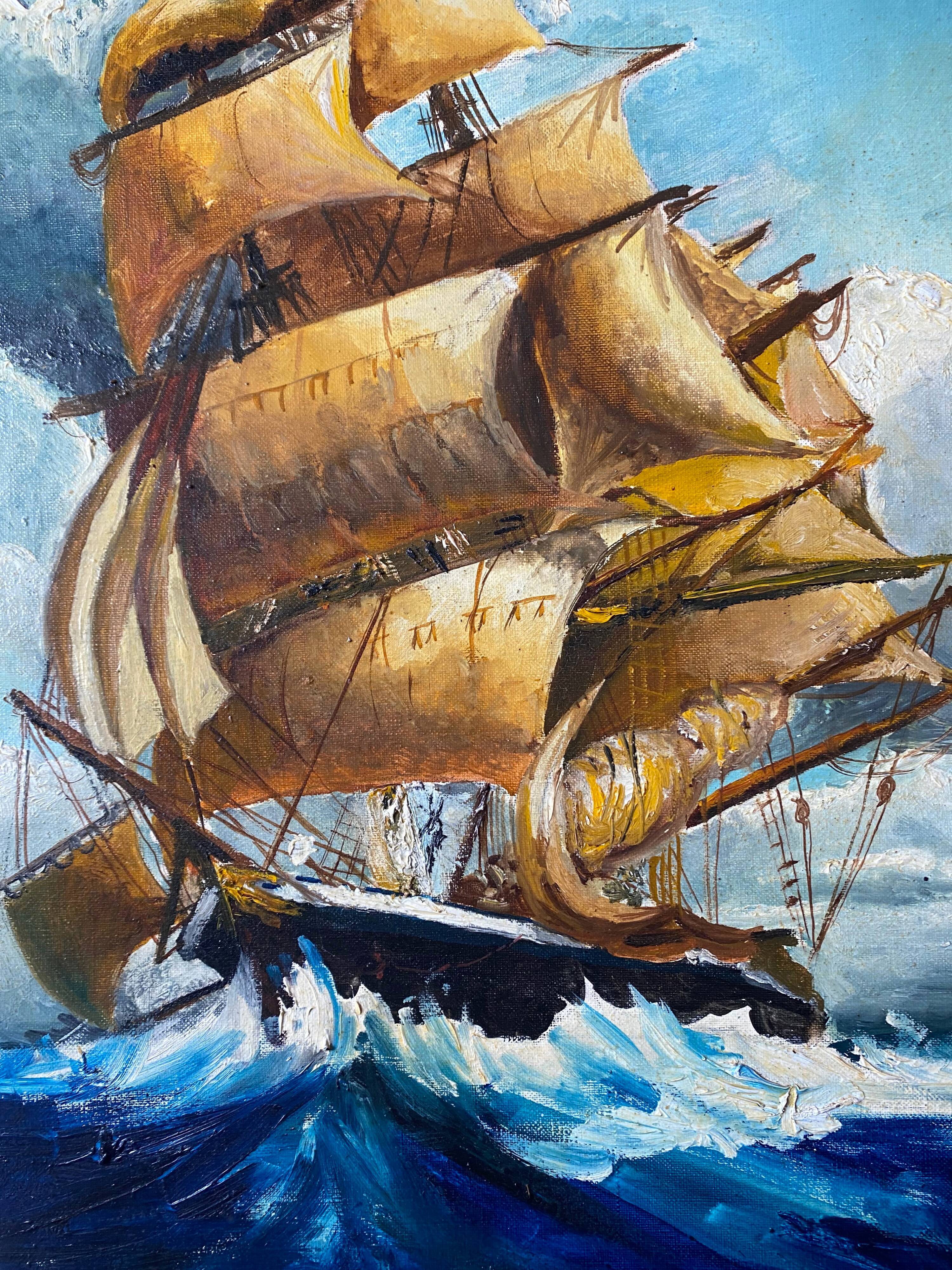 Painting "Three masts in turmoil" HST signed and dated 1978