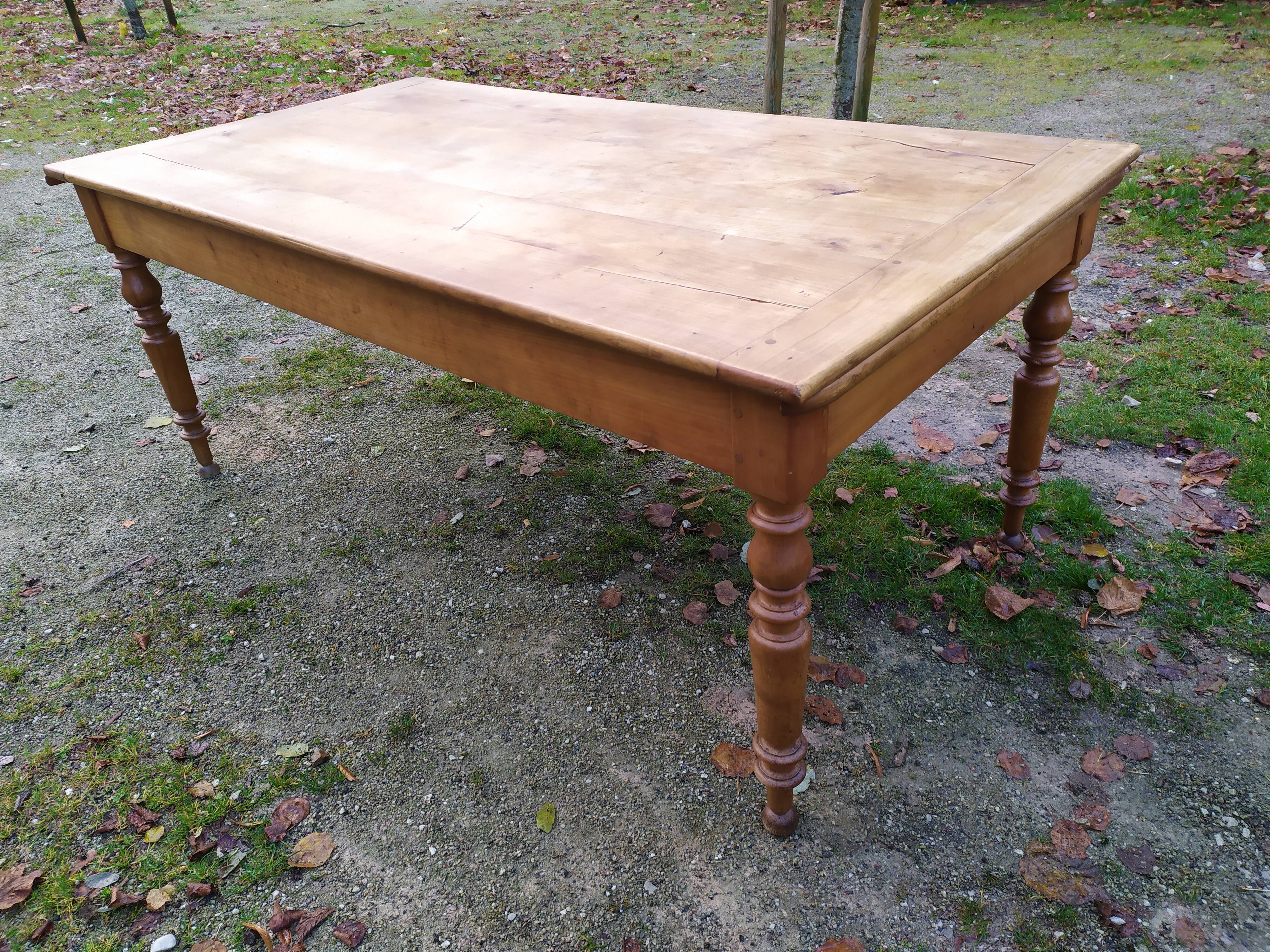 Cherry farm table, turned legs, 2 extensions