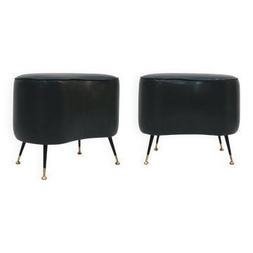 Pair of Italian Footstools in Solid Wood and Green Faux Leather, Italy, 1960s