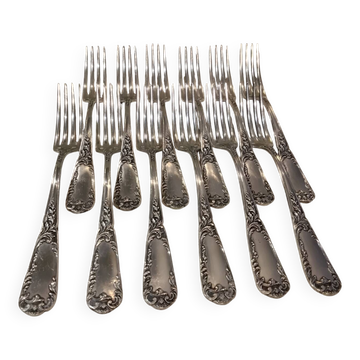 12 fourchettes a dessert metal argente orfevre SFAM rocaille 19,1cm