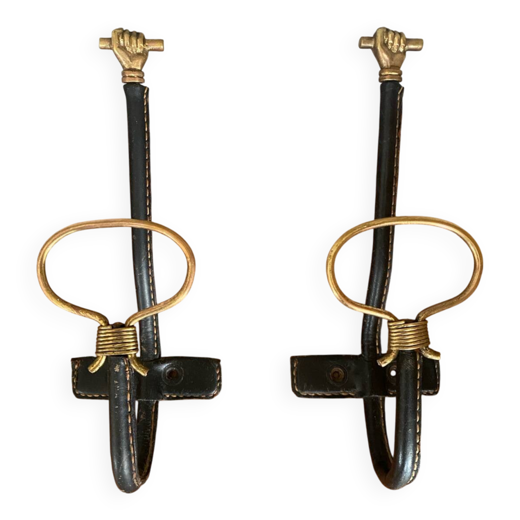 Paire de patères cuir et bronze mains