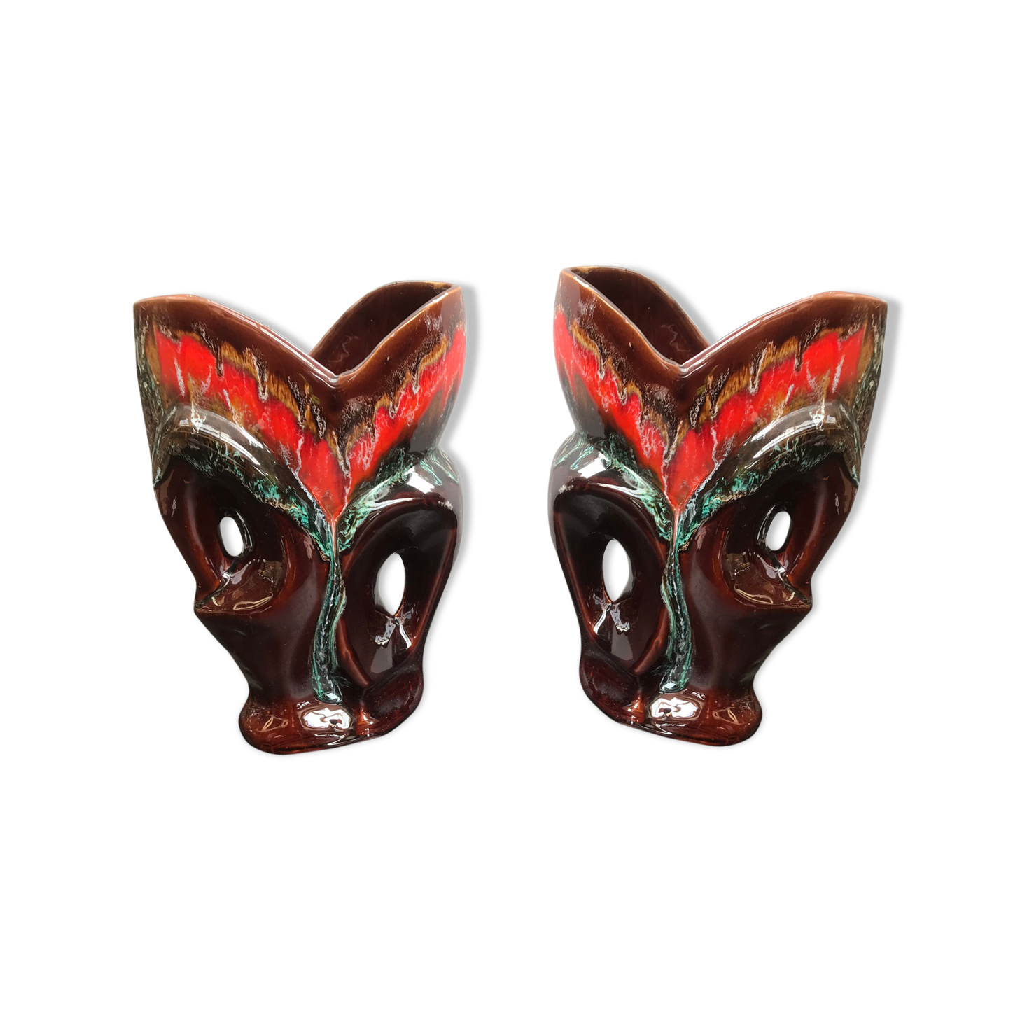 Paire de vase ancien Vallauris céramique multicolore + 2 anses vintage