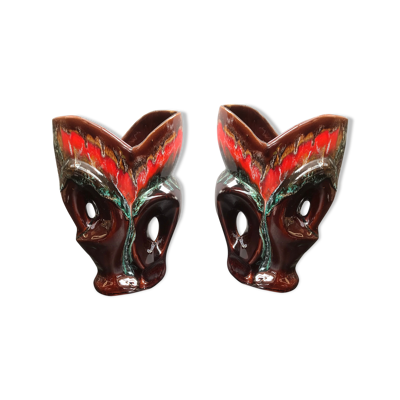 Paire de vase ancien Vallauris céramique multicolore + 2 anses vintage