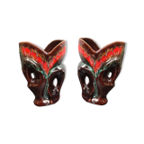 Pair of old Vallauris multi-colored ceramic vase + 2 vintage handles