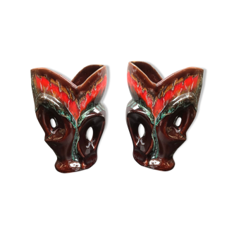 Pair of ancient vase Vallauris multicolored ceramics - 2 vintage anses