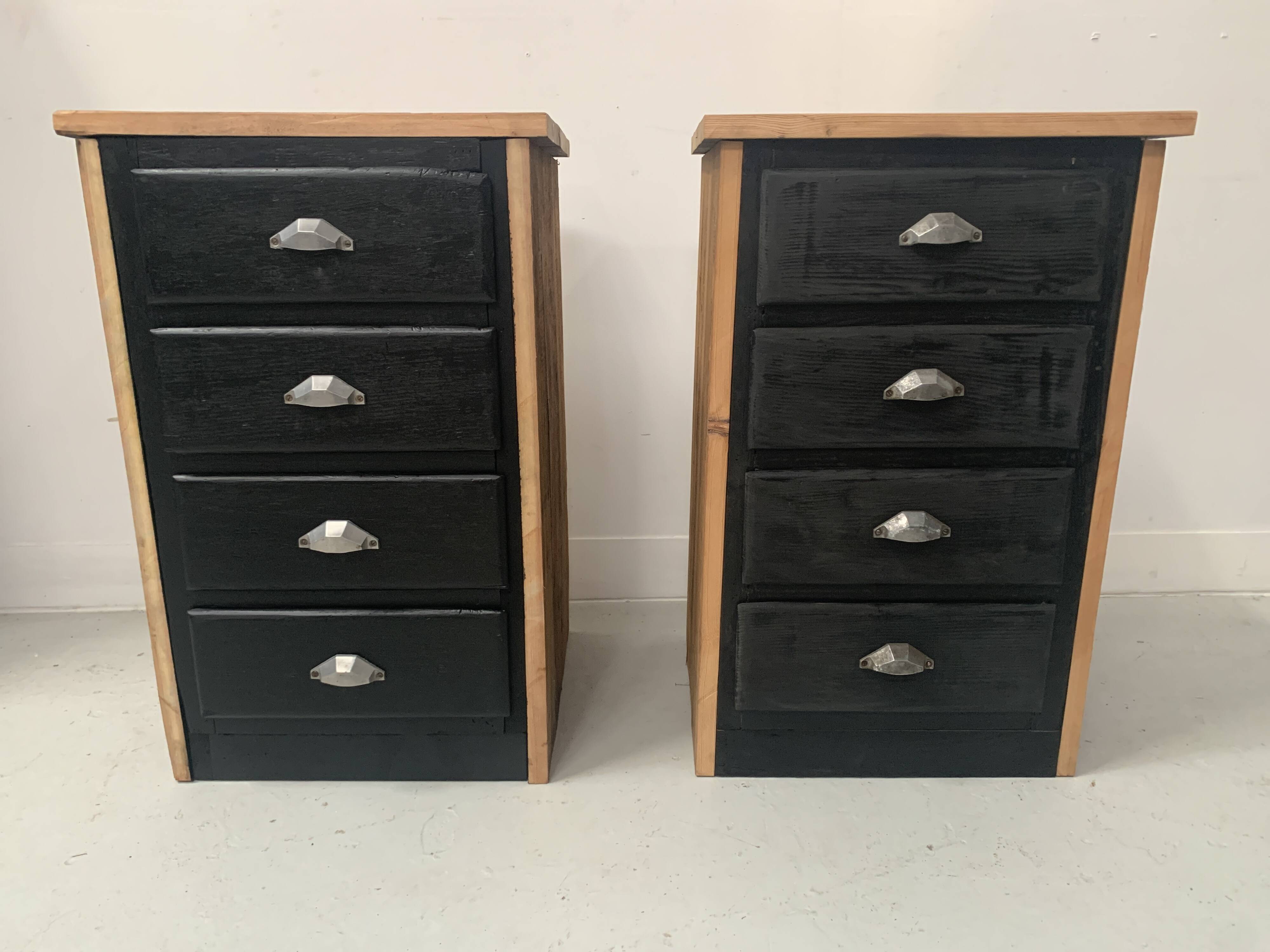 Pair of small brutalist chests of drawers in patinated fir, 20th century.