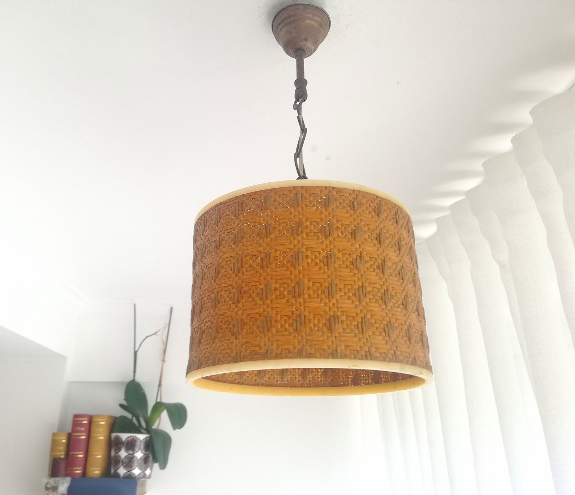 Orange Ceiling lamp vintage 70s made of straw