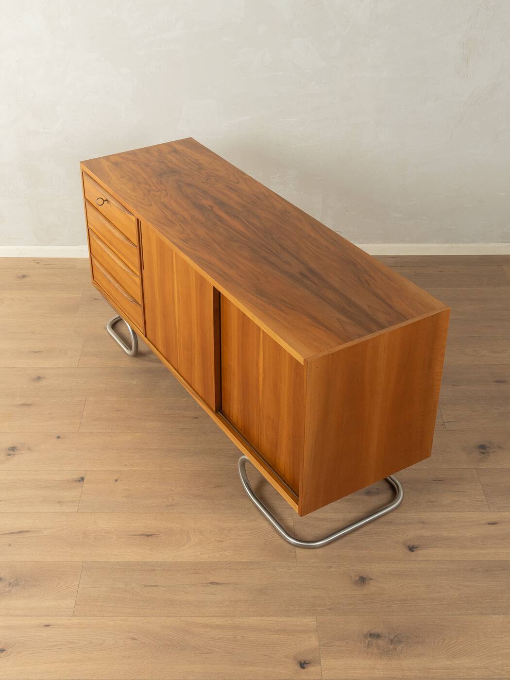 1950s sideboard, partly solid, walnut veneer, Bauhaus design, attributed to Franz Ehrlich