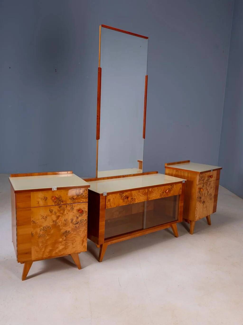 Vintage dressing table with burl veneer, large mirror and storage cabinets