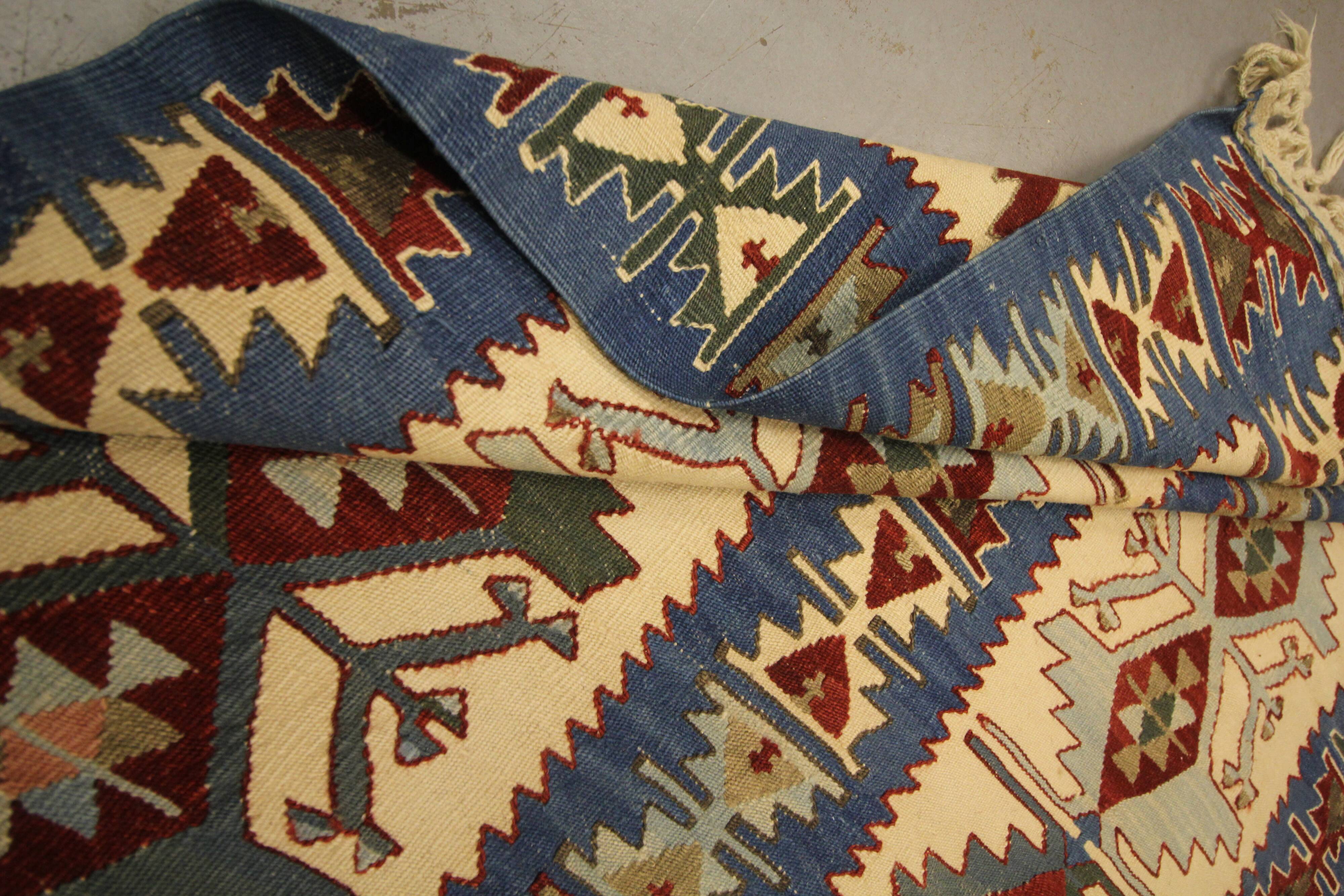 Turkish Antique Kilim Runner Blue Geometric Tribal Hallway Rug 90 x 142 cm