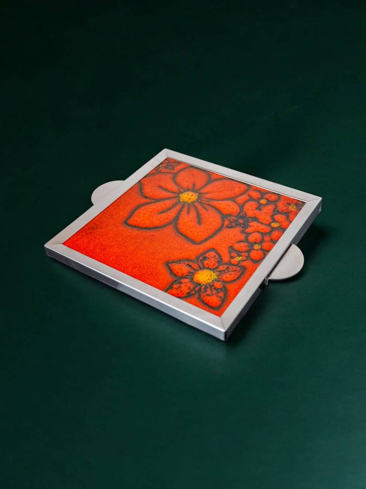 Space age floral red ceramic trivet, Spain, 1970s