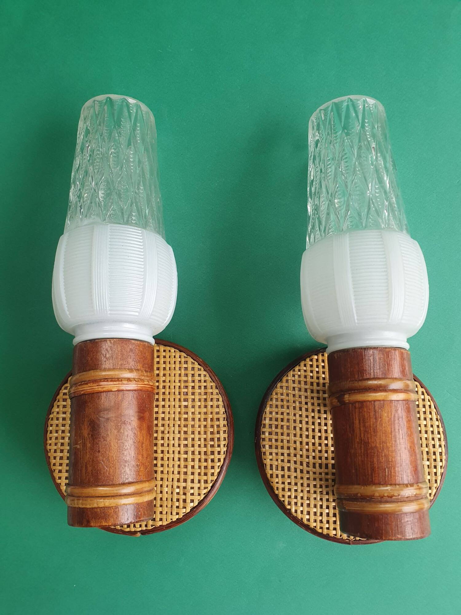 Pair of vintage rattan bamboo wall sconces