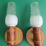 Pair of vintage rattan bamboo wall sconces