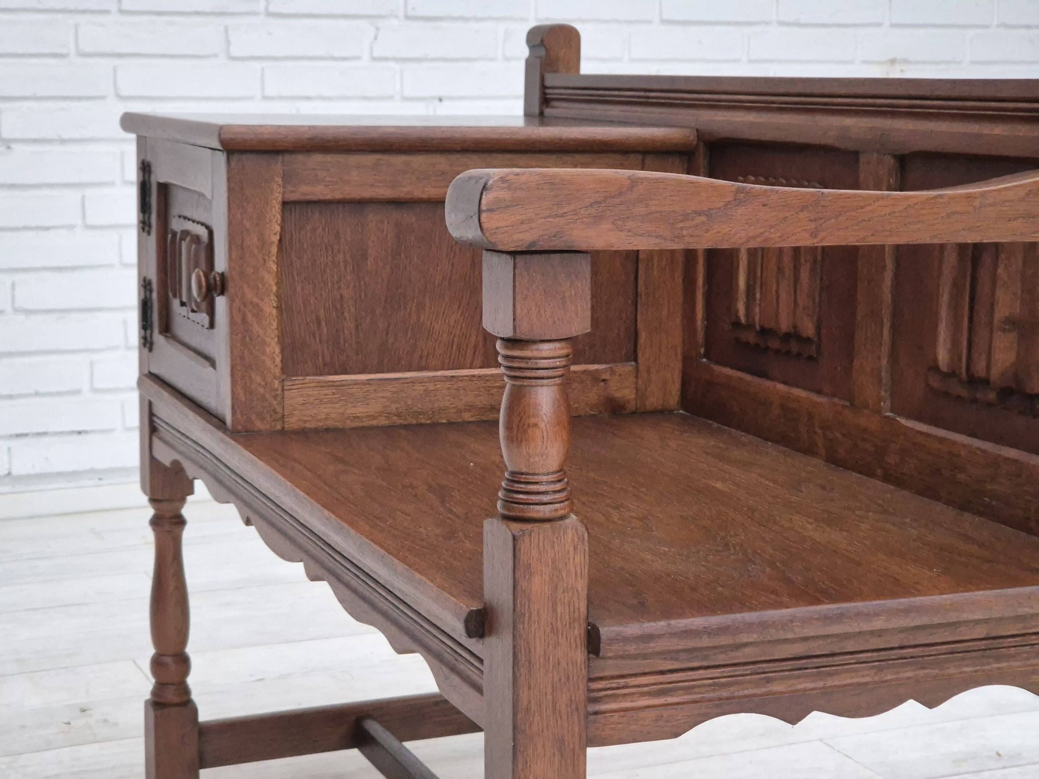 1960s, Danish bench, dark solid oak wood, plywood.