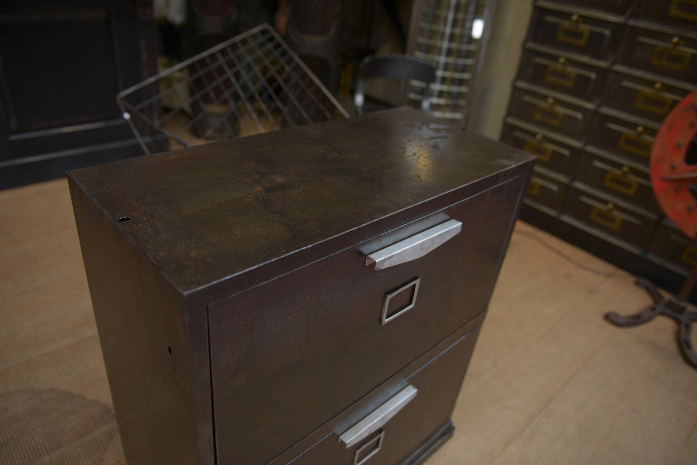Industrial low cabinet with 2 drawers, 1950s