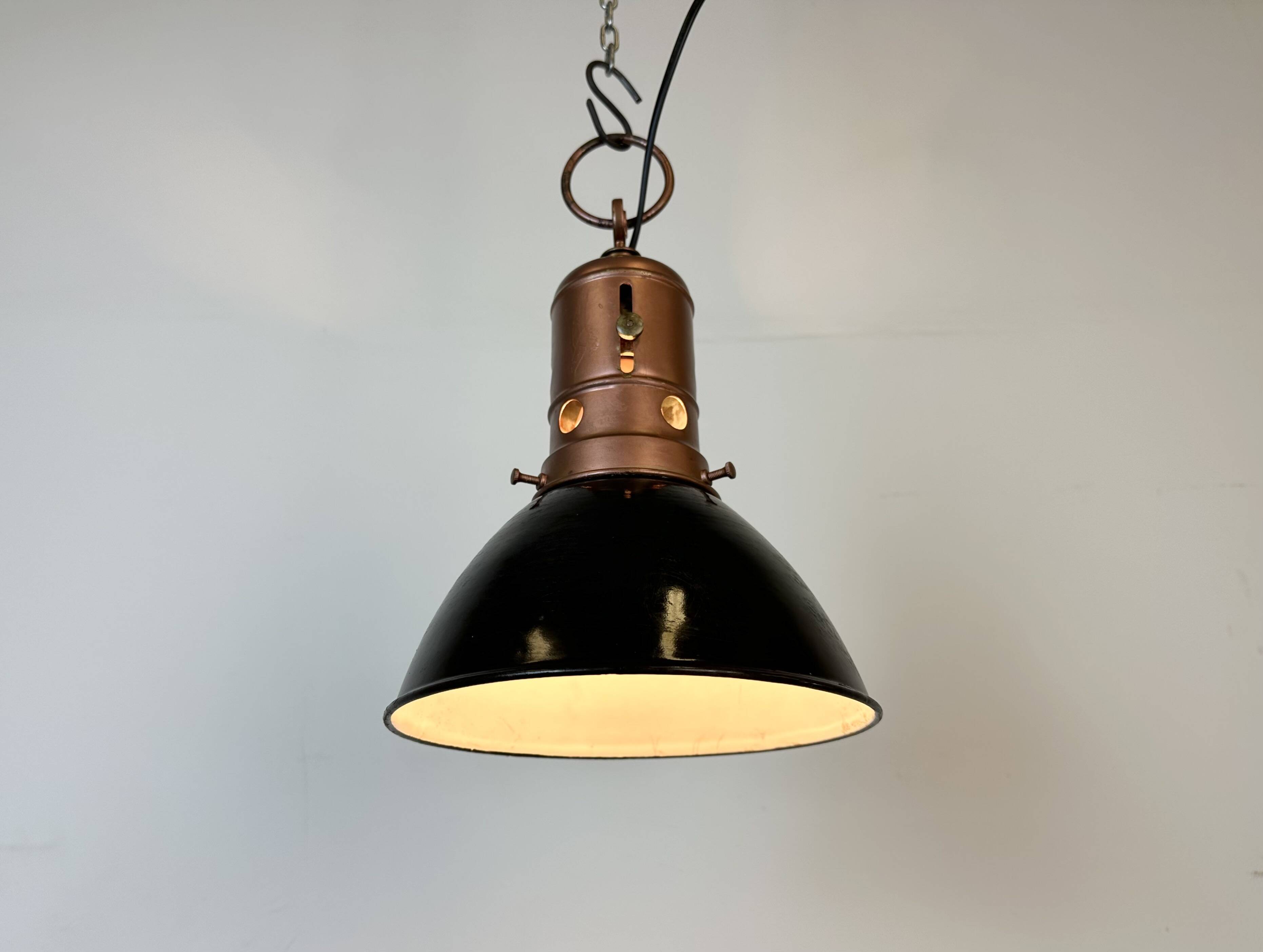 Industrial Italian Black Enamel Factory Lamp with Iron Top, 1950s