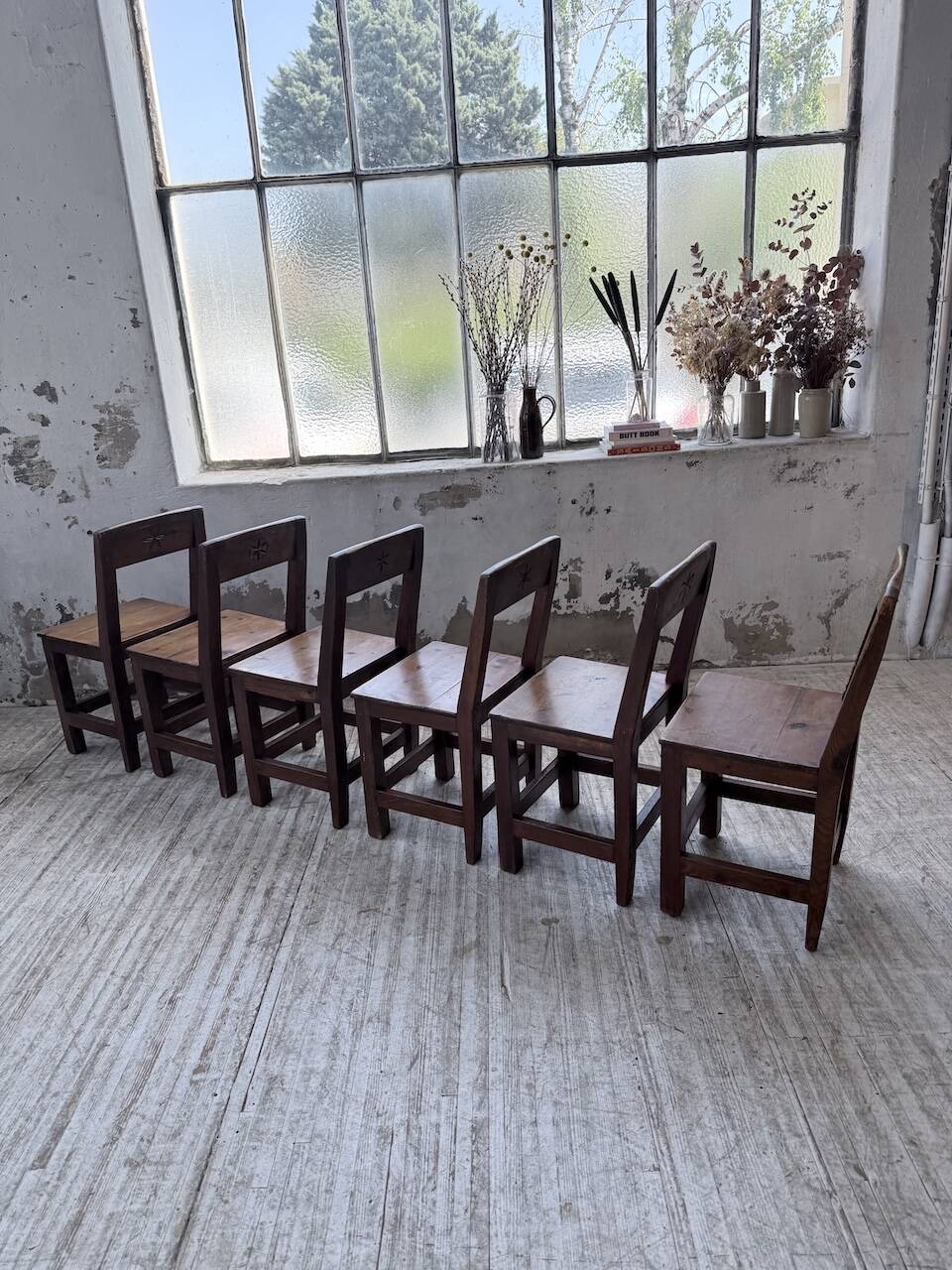 Set of 4 Savoyard pine folk art chairs from the 1950s.