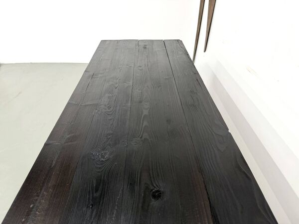Grande Table de Ferme Années 50 en Bois Brûlé (Shou Sugi Ban) – L245 cm