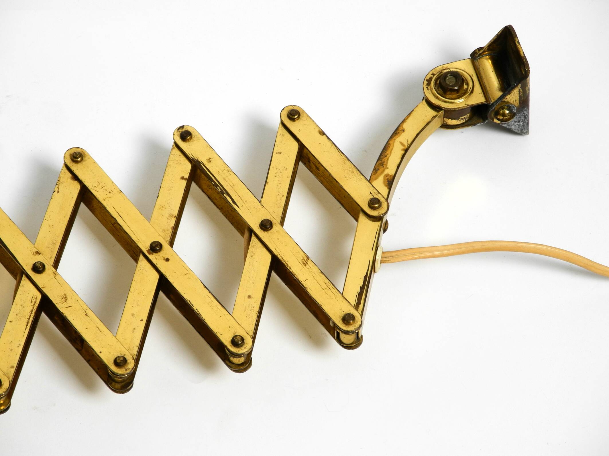 1950s brass extendable scissor wall lamp with aluminum diabolo shade in red